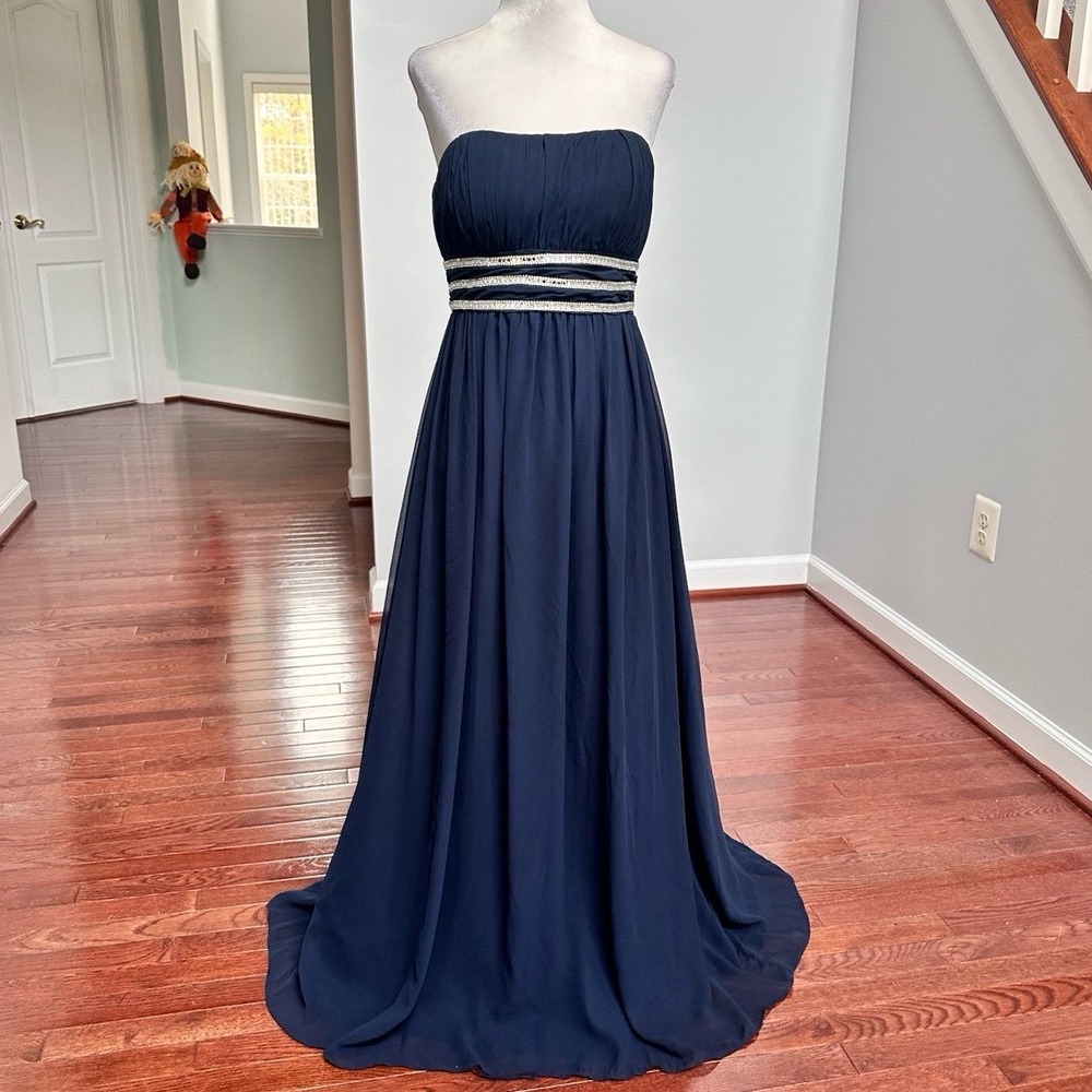 Vintage Bill‎ Levkoff Navy Blue Formal Rhinestoned Strapless Gown Dress Size 6
